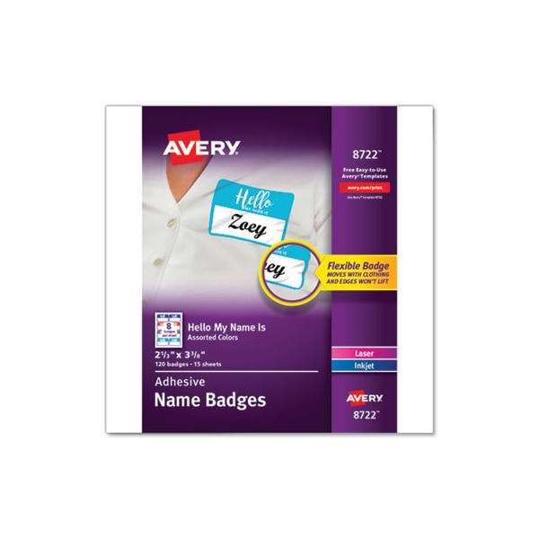 Avery Dennison Avery, FLEXIBLE ADHESIVE NAME BADGE LABELS, inHELLOin, 3 3/8 X 2 1/3, ASSORTED, 120PK 8722 - main